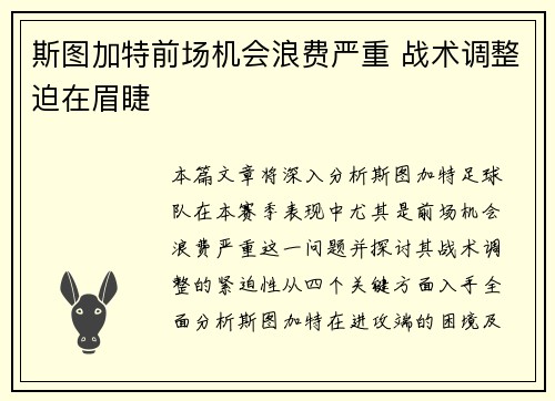 斯图加特前场机会浪费严重 战术调整迫在眉睫