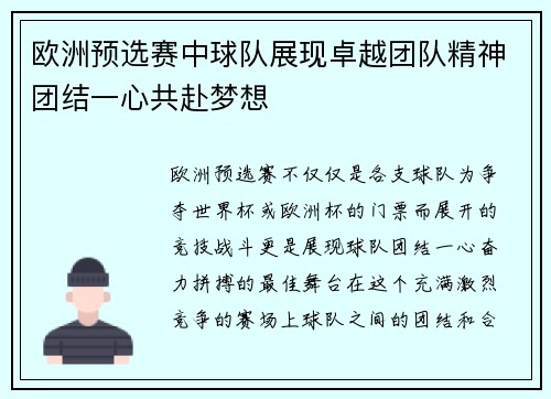 欧洲预选赛中球队展现卓越团队精神团结一心共赴梦想