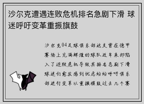 沙尔克遭遇连败危机排名急剧下滑 球迷呼吁变革重振旗鼓