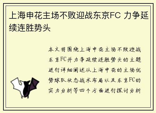 上海申花主场不败迎战东京FC 力争延续连胜势头
