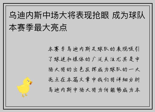 乌迪内斯中场大将表现抢眼 成为球队本赛季最大亮点